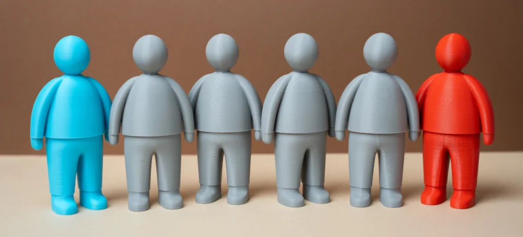 Bunte 3D-gedruckte Figuren nebeneinander. Links eine blaue Figur, rechts eine rote, dazwischen mehrere Graue: Symbol für gegensätzliche ideologische Lager.